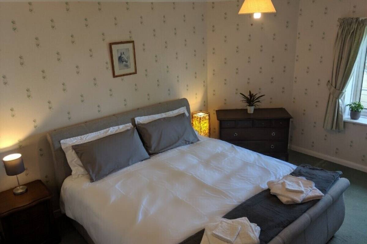 A neatly made bed with pillows, a bedside lamp, a dresser, and a window with curtains.