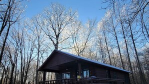 Una cabaña con porche y terraza cubierta, rodeada de terreno nevado y árboles sin hojas.