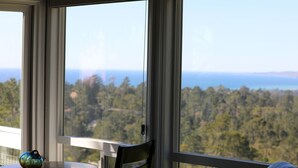 Habitación con vistas a un bosque y una masa de agua. Hay una mesa con un adorno encima.