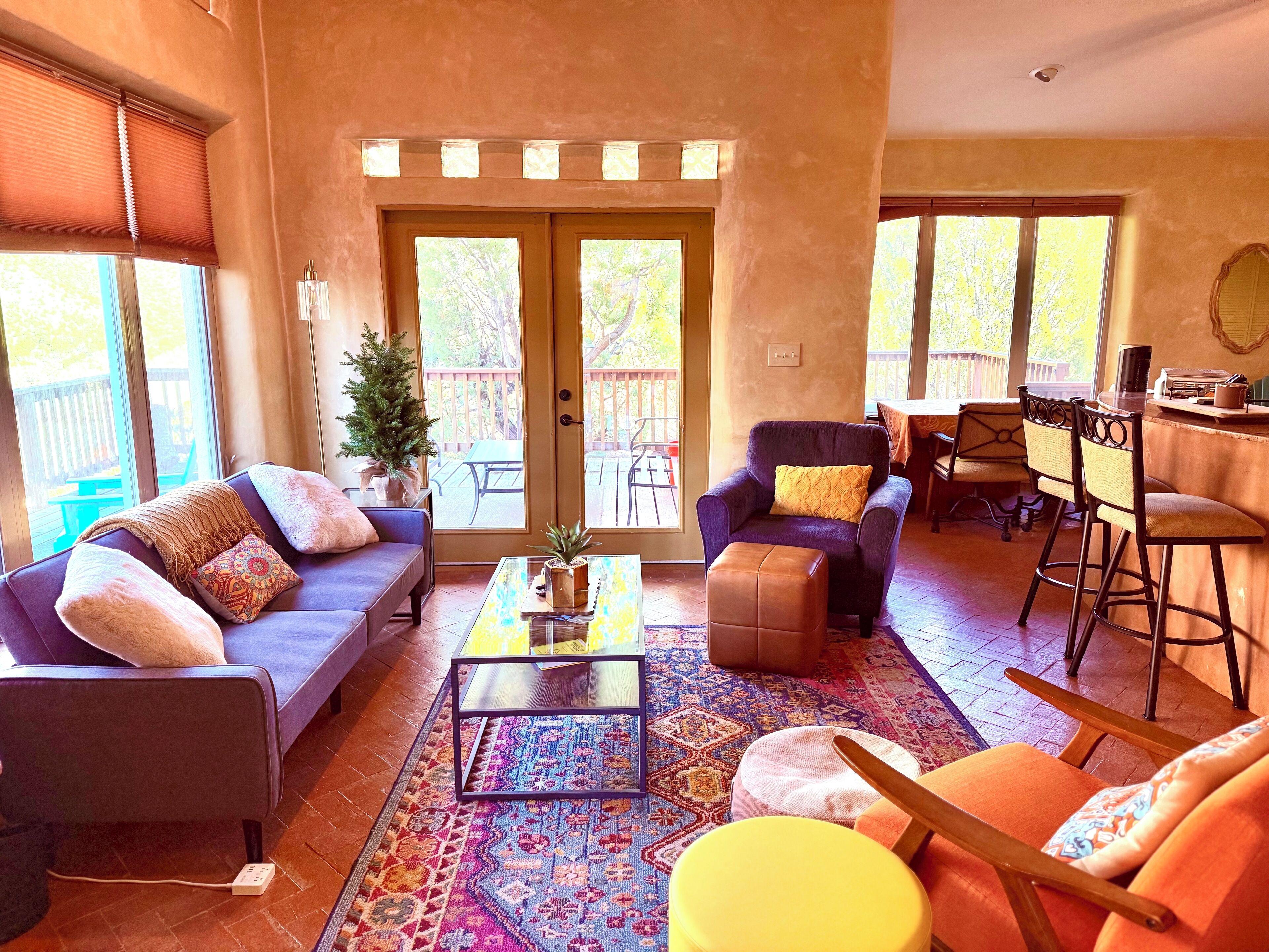 Smart TV, fireplace, books, printers