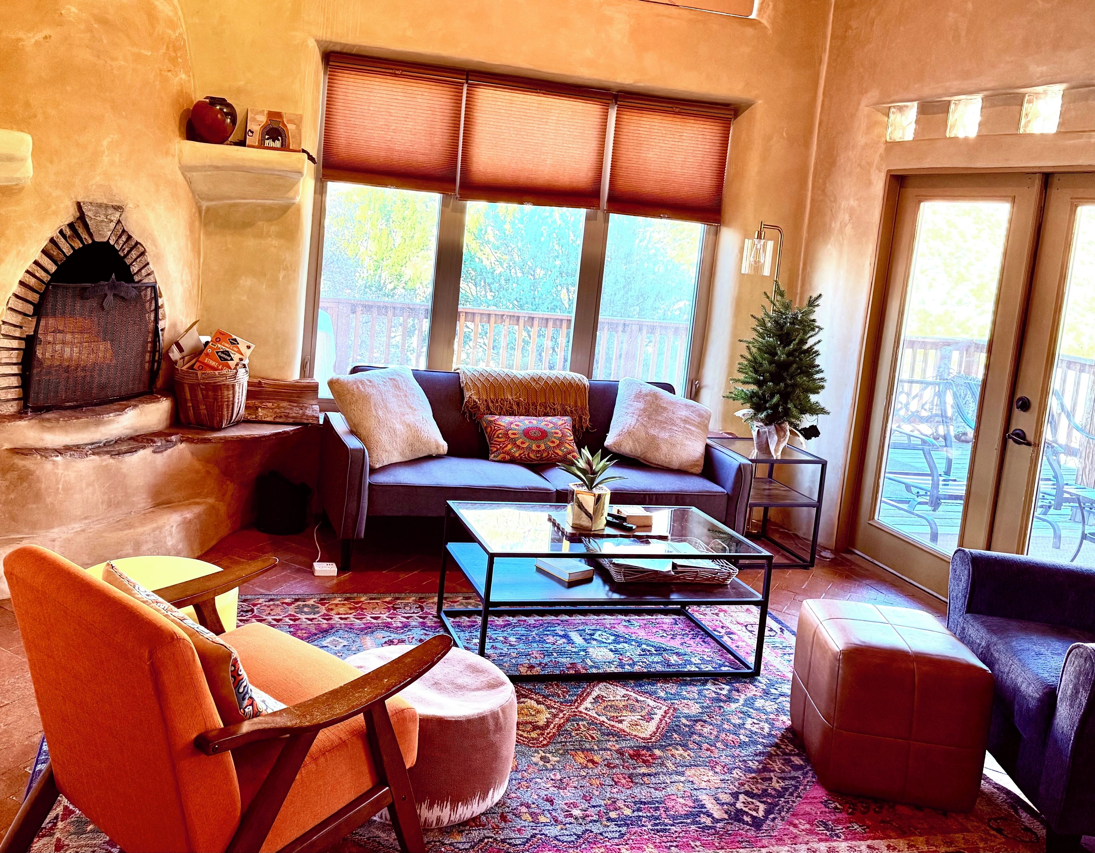 Smart TV, fireplace, books, printers