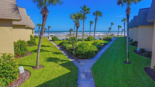 A pathway lined with palm trees leading to a beach, with buildings on either side.