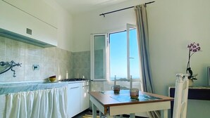 Una cucina compatta con zona pranzo, una finestra con tende e un piccolo tavolo con sedie.