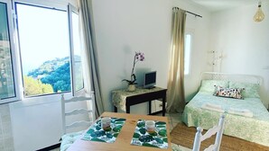 Una stanza con un letto, una scrivania con un computer, un tavolo con sedie e vista sul verde circostante.