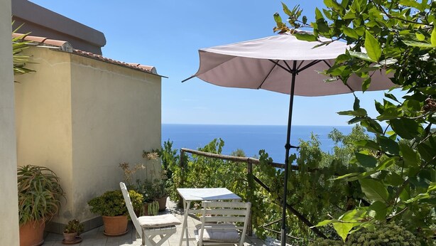 Un patio con tavolo e sedie, piante in vaso e vista sul mare.