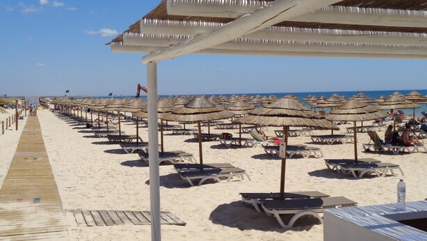 Una playa con filas de tumbonas y sombrillas de paja, un paseo de madera y una vista despejada del mar.
