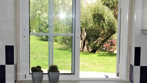 Una cocina con un lavamanos de acero inoxidable, una ventana que ofrece vista a un jardín y dos plantas en macetas en el alféizar.