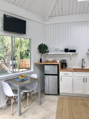 Fridge, microwave, coffee/tea maker, electric kettle