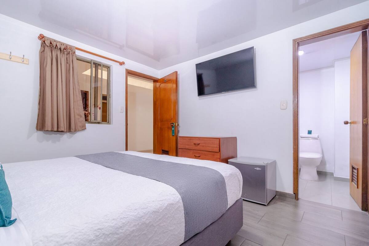 Un dormitorio con cama, televisor, armario, mesita de noche y puerta al baño.