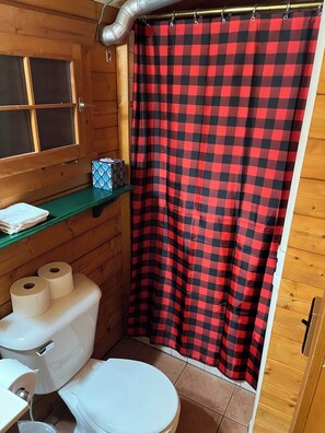 Shower, towels, soap, shampoo