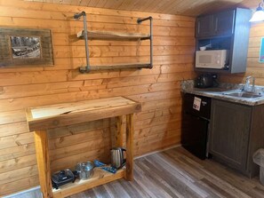 Fridge, microwave, coffee/tea maker, toaster