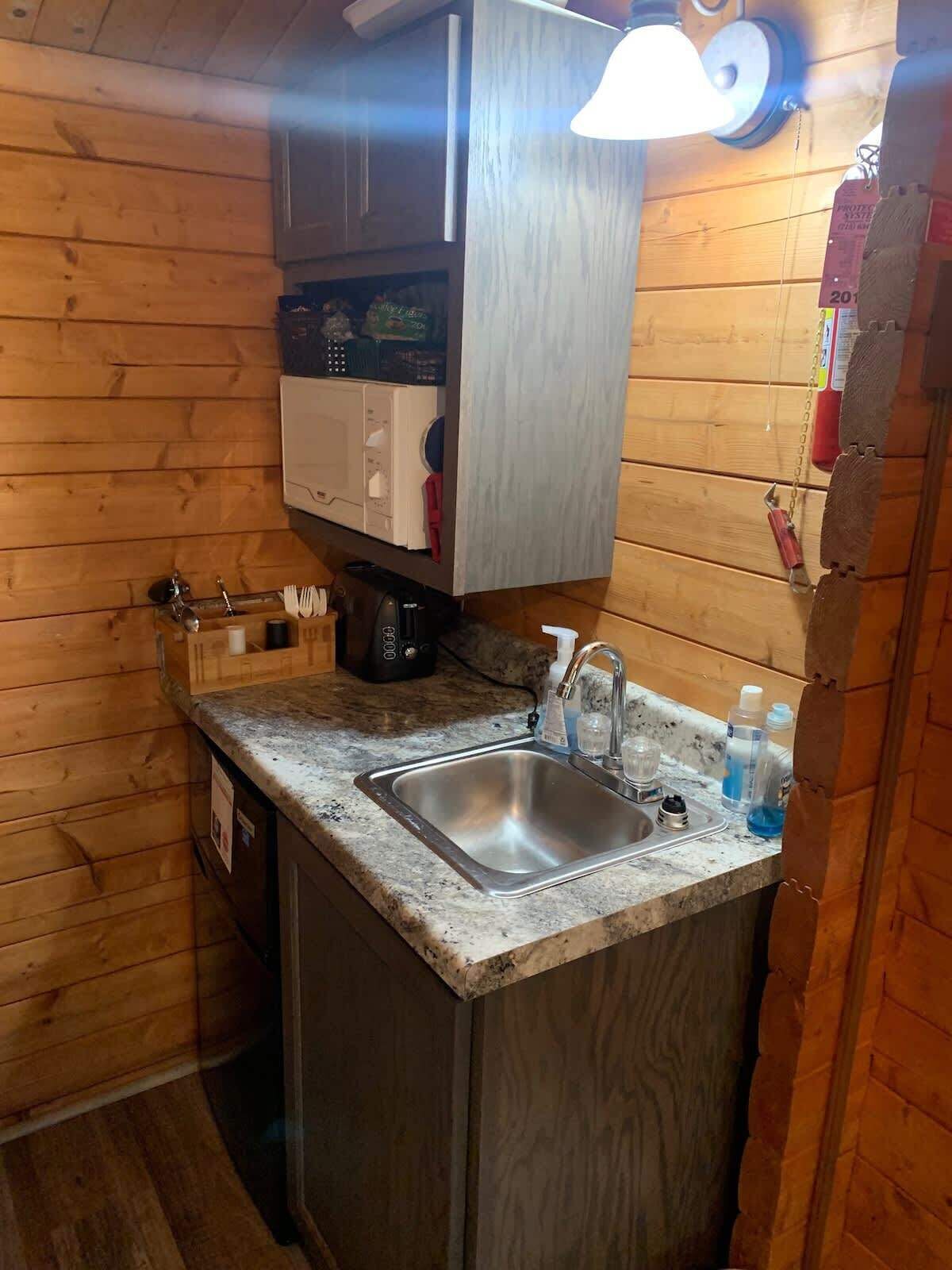 Fridge, microwave, coffee/tea maker, toaster