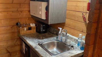 Fridge, microwave, coffee/tea maker, toaster