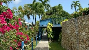 A pathway leading to a building with a stone wall and a blue railing. - Tropical one bedroom condo steps from pool. (Christiansted)