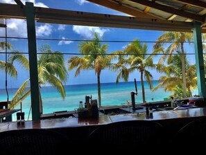 Eine Bar mit Blick auf den Ozean und Palmen.
