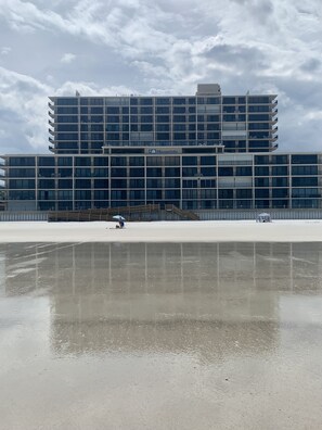 On the beach, sun-loungers, beach towels