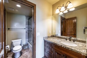 Combined shower/bathtub, towels, soap, toilet paper