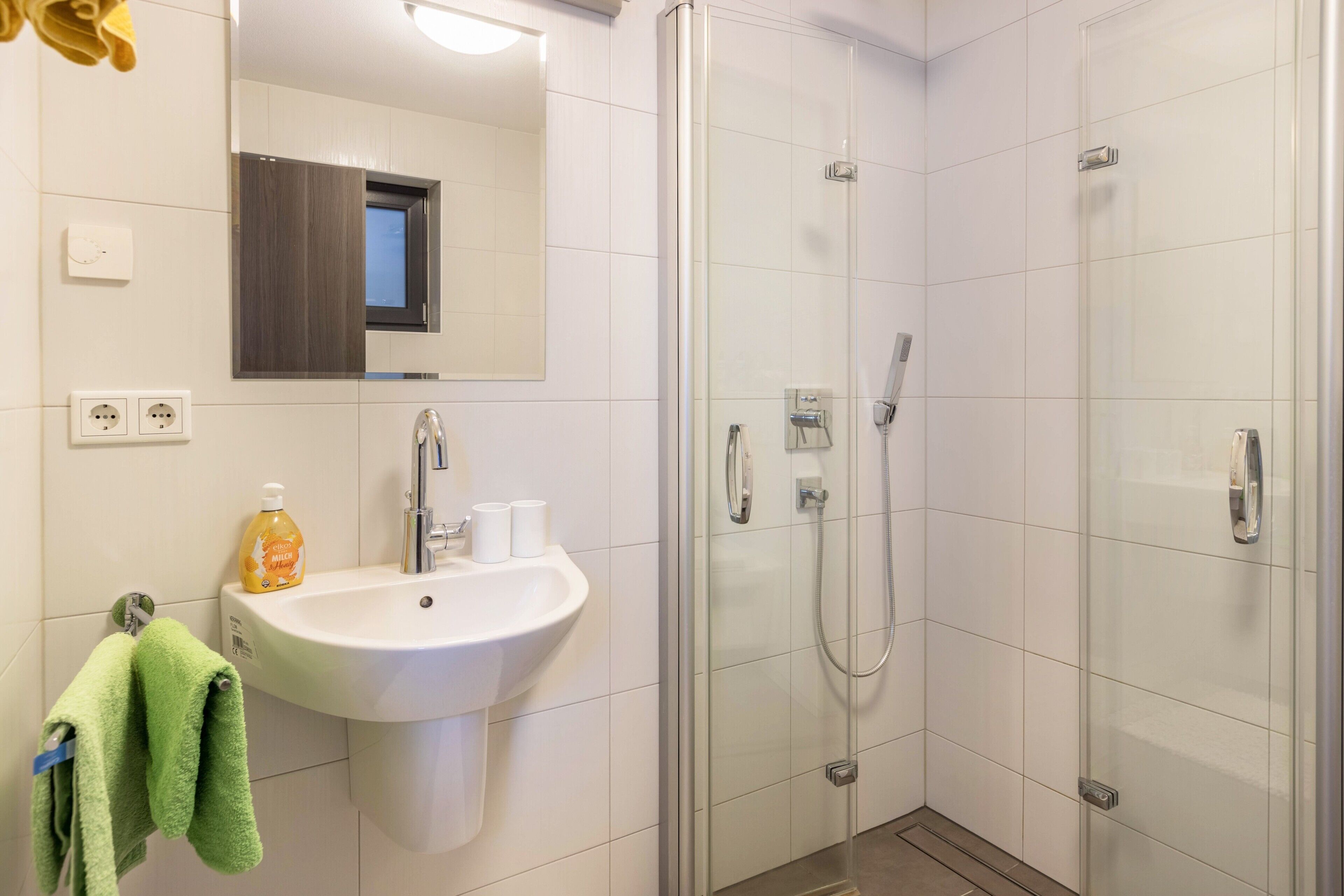Shower, hair dryer, towels