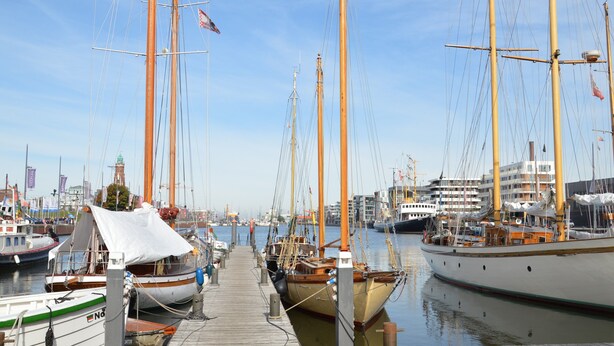 A marina with multiple boats docked, a wooden pier, and buildings in the background.