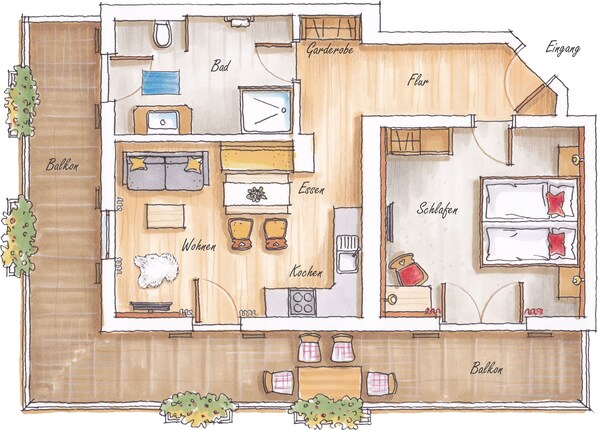 A floor plan of a hotel with a balcony, a living room, a kitchen, a dining area, and a bedroom.