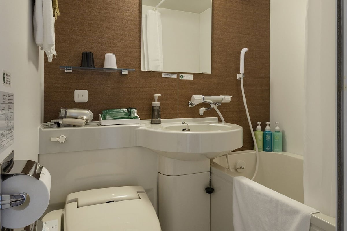 combined shower/bathtub, free toiletries, hair dryer, slippers