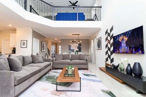 TV, DVD player, books, stereo