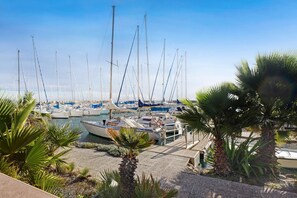 A marina with multiple sailboats docked, surrounded by palm trees and a clear sky.