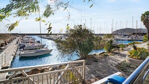 Un puerto deportivo con barcos amarrados, un muelle de madera y vista al agua.