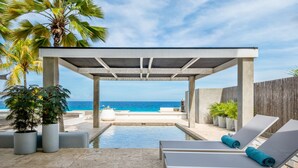 Zona de piscina con sillones reclinables y plantas en macetas, con vista al océano.