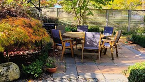A patio with a table and chairs under a canopy, surrounded by a wooden fence and various plants.