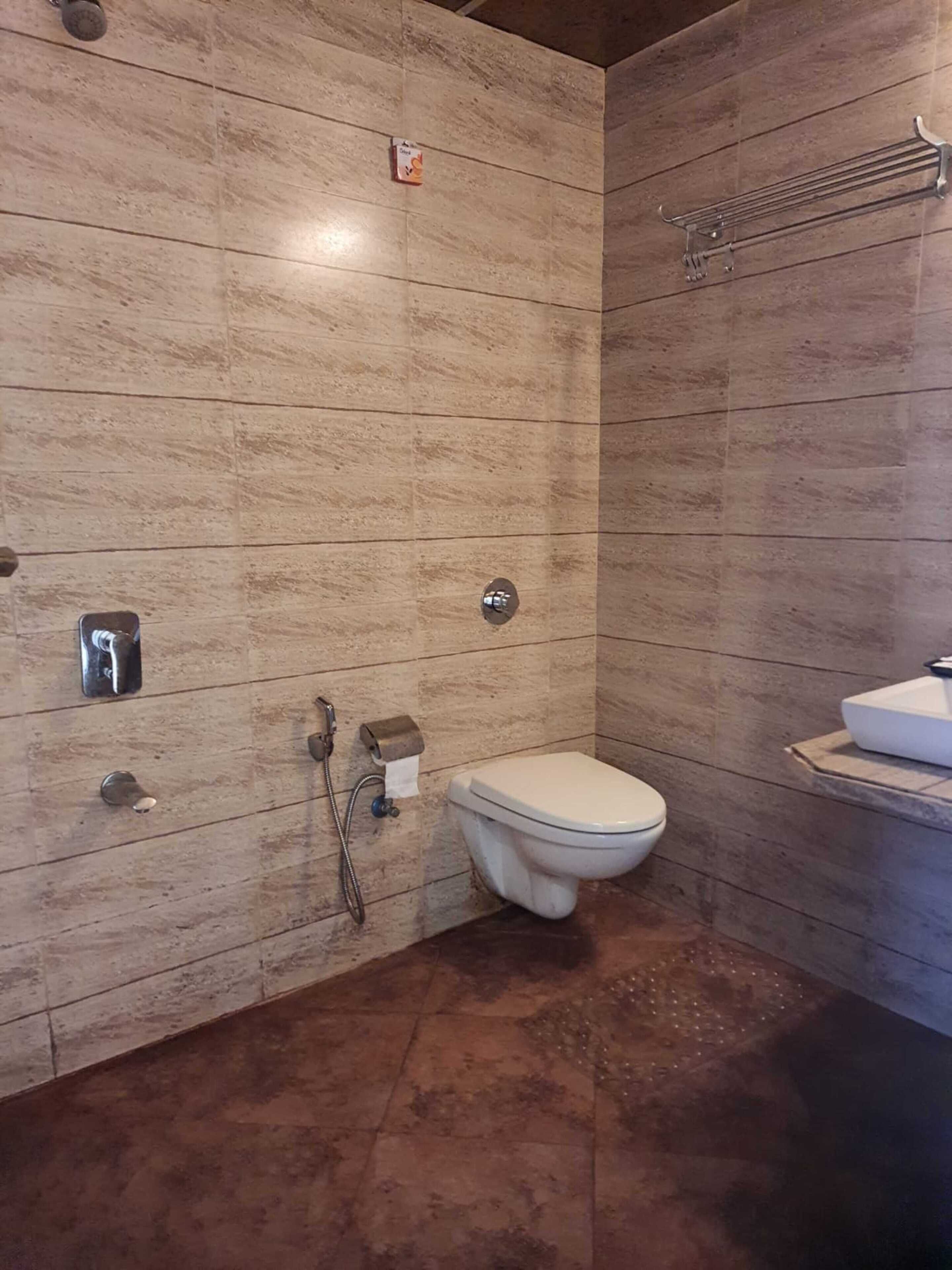 Un bagno con il water, un portasciugamani e un soffione.