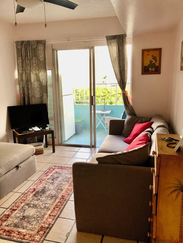 A living room with a sofa, a television, a table, and a sliding glass door leading to an outdoor area.