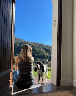 A woman and a dog inside a room with a view of a hillside. - Villa-Monti, Menton, Côte d'Azur (Menton)