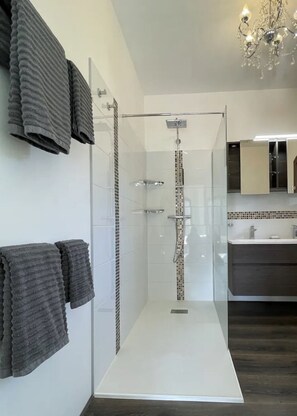 Combined shower/tub, hair dryer, towels, soap