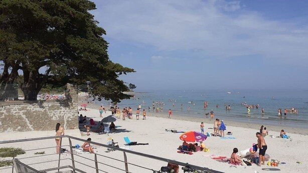 Een strand met mensen die zonnebaden en zwemmen.