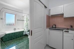 Combined shower/bathtub, hair dryer, towels, soap