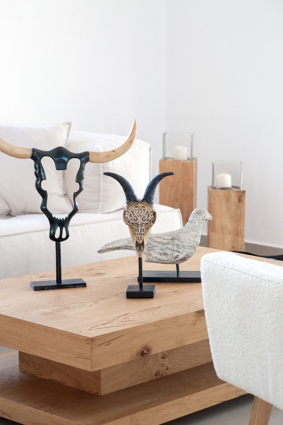 A wooden coffee table with two decorative animal skulls and a white chair in a modern living room.