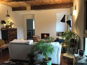 Una sala acogedora con chimenea, un sofá, una mesa de comedor y varias plantas.