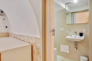 Shower, hair dryer, bidet, towels
