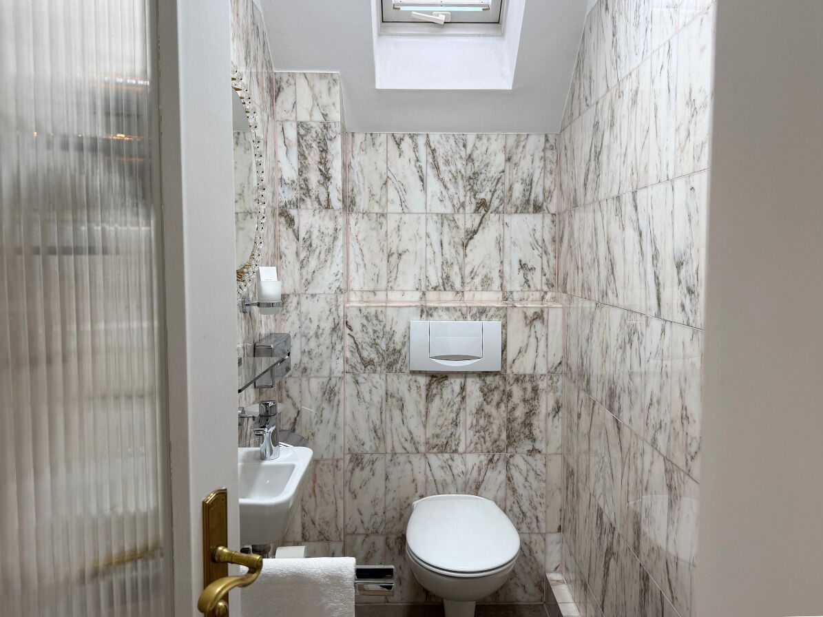 A bathroom with a toilet, sink, and shower area, featuring marble walls and a skylight.