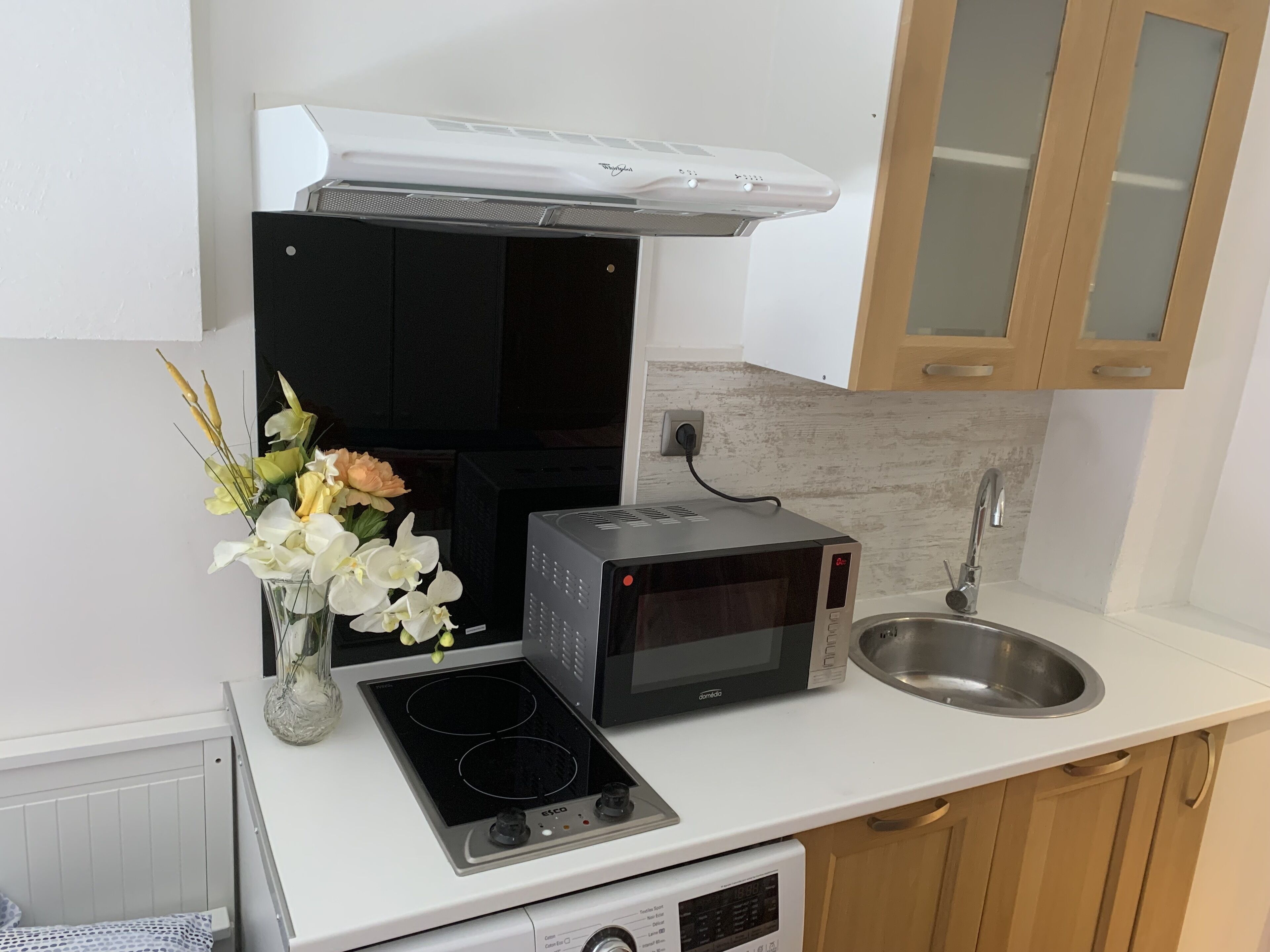 Una cucina con un piano cottura nero, un forno a microonde, un lavello e un vaso con fiori.