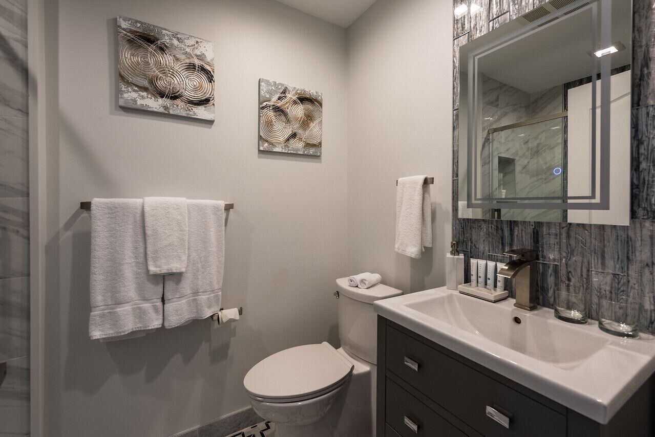A modern bathroom with a toilet, sink, and two wall-mounted towel racks.