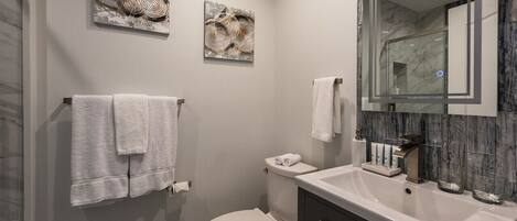 A modern bathroom with a toilet, sink, and two wall-mounted towel racks.