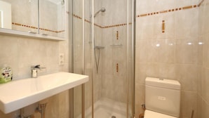 A bathroom with a glass-enclosed shower, a white sink, and a toilet.