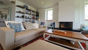 Cheminée, livres, chaßne hi-fi