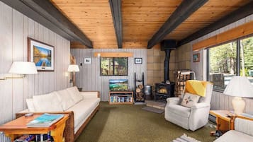 Smart TV, fireplace, DVD player, books