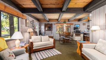 Smart TV, fireplace, DVD player, books