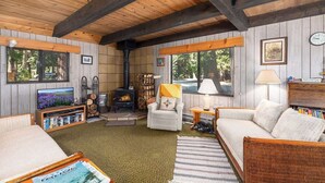 A cozy cabin interior with a fireplace, wooden walls, a television, and a comfortable seating area.