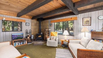 Smart TV, fireplace, DVD player, books