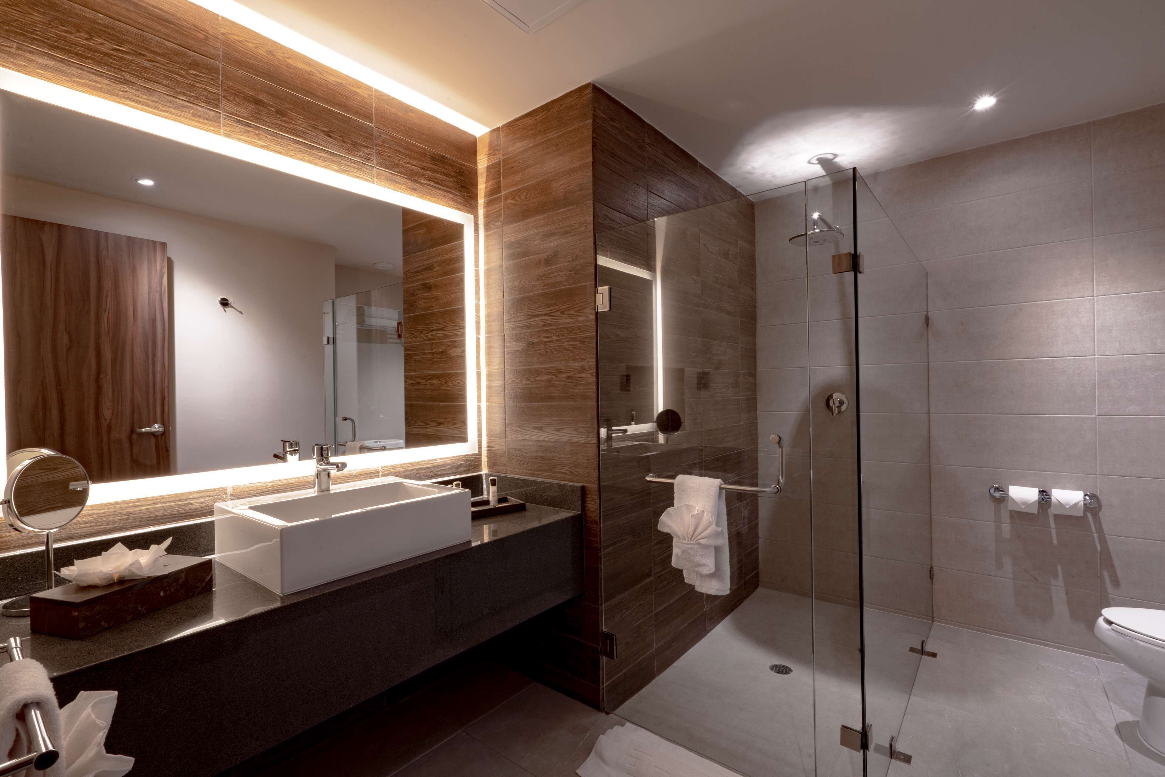 shower, rainfall showerhead, hair dryer, towels